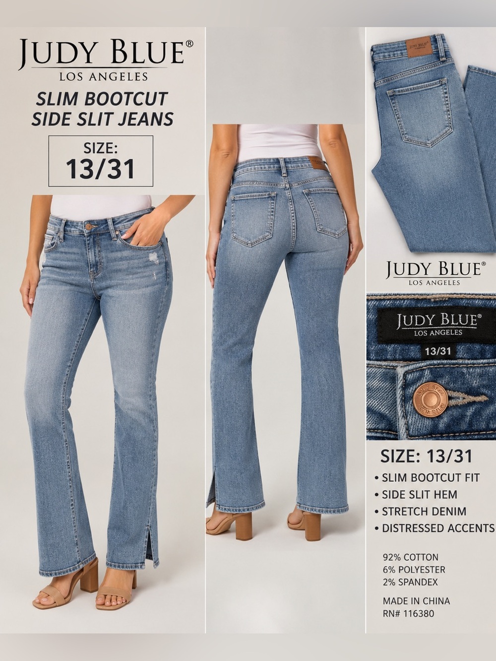 Judy Blue Slim Bootcut Jeans 13/31 Medium Wash Stretch Side Slit Hem